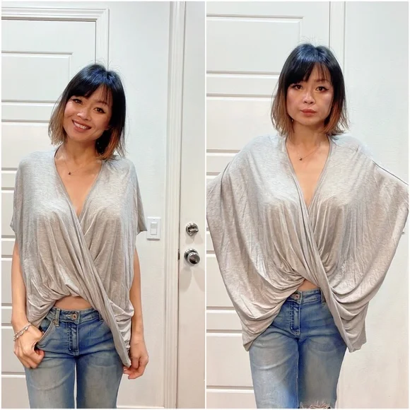 Cozy Oversized Grey Twist Hem Dolman Sleeve Top - Picture 3 of 5